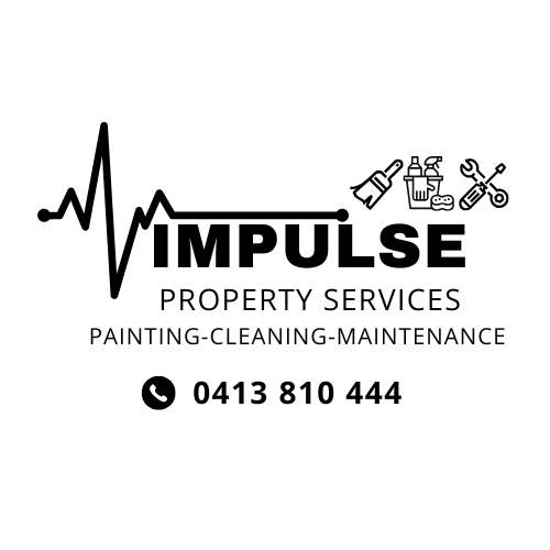 Log for Impulse Property Services featuring icons of cleaning and painting tools, with contact number 0413 810 444.