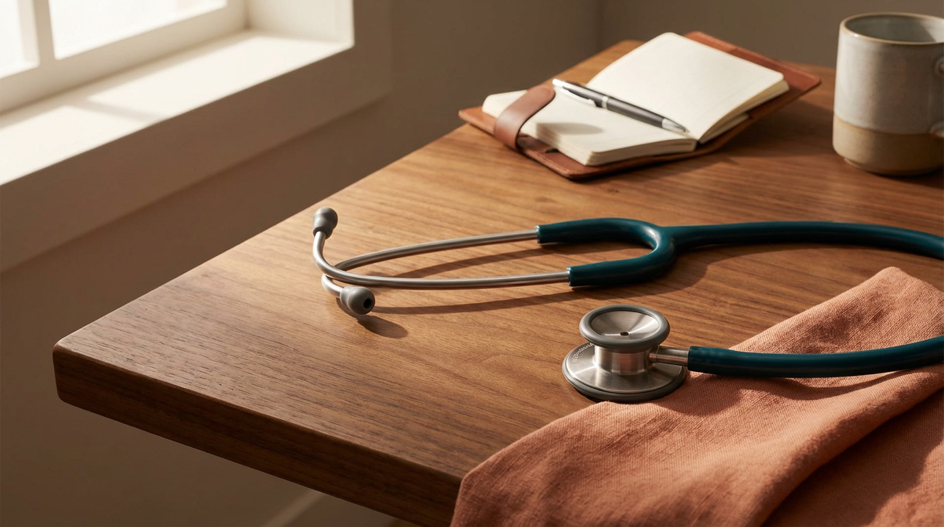 Stethoscope on a wooden desk with a notebook, pen, and mug nearby.