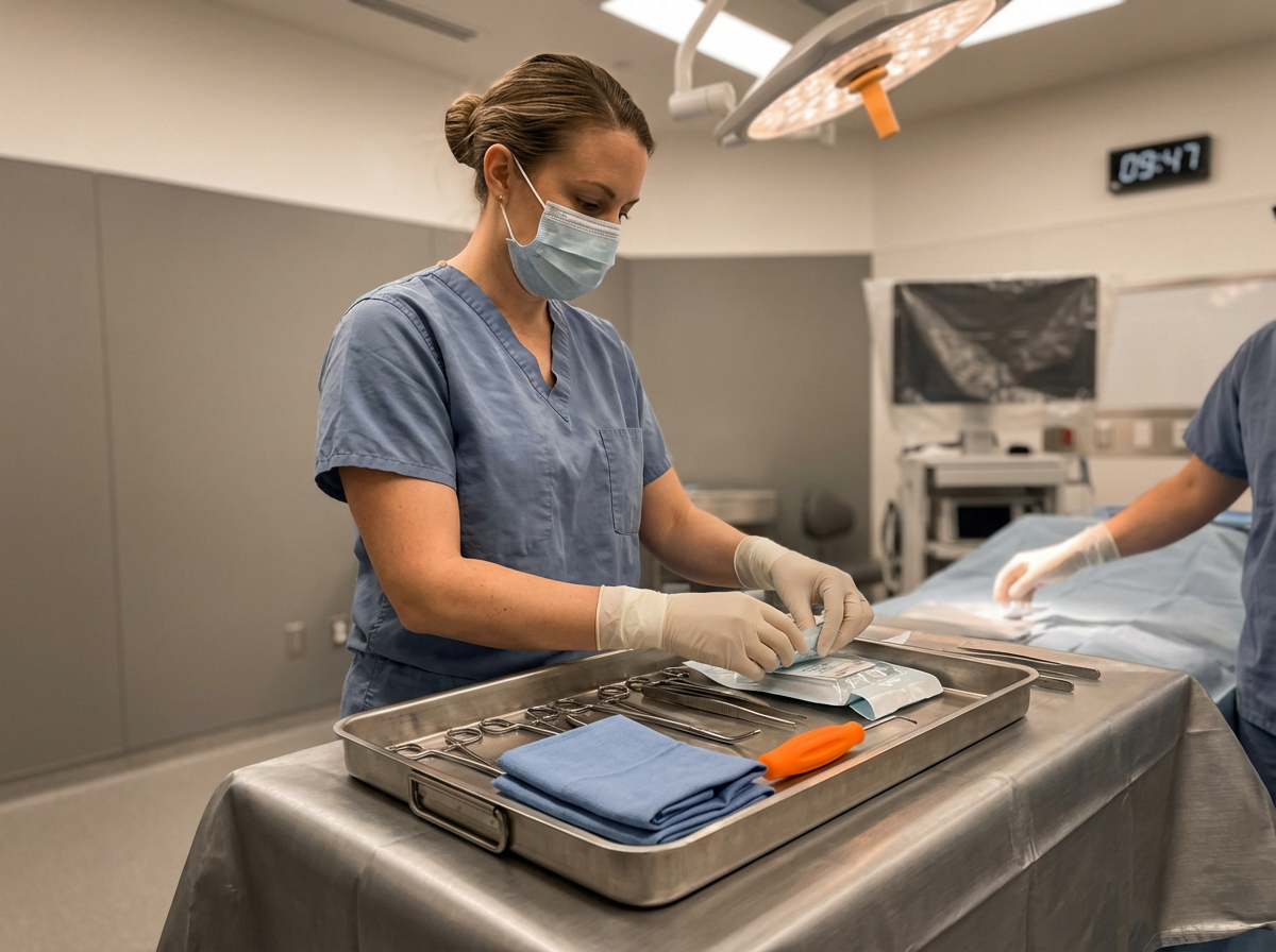 A nurse preparing surgical tools in an operating room, wearing scrubs, a face mask, and gloves.