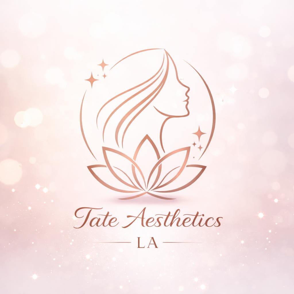 Logo for Tate Aesthetics in LA featuring an outline of a woman's face and flowing hair inside a circle, with a lotus flower at the bottom and sparkles in the background