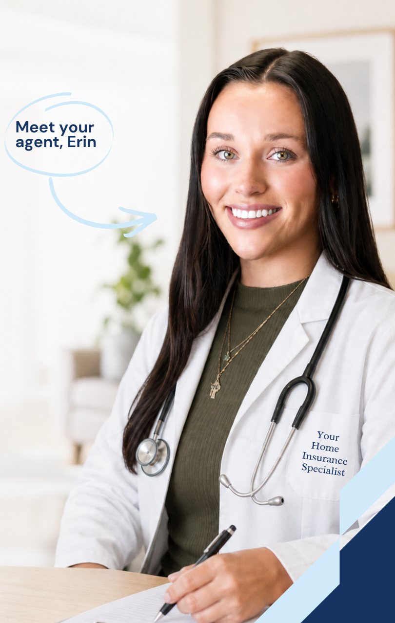 A smiling woman in a white lab coat with a stethoscope around her neck sitting at a desk, holding a pen, with text overlay "Meet your agent, Erin" in a speech bubble.