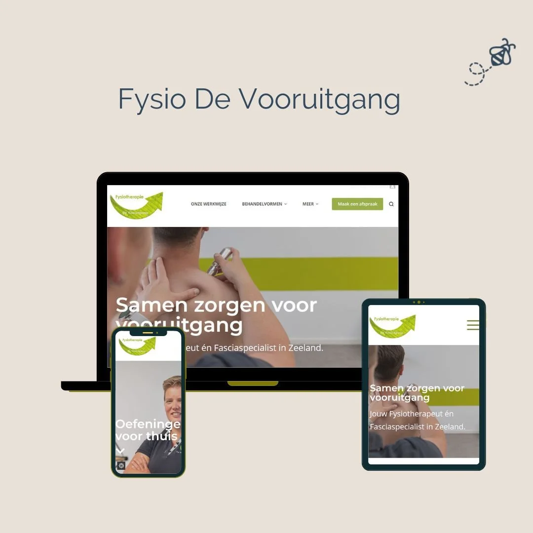 Een website zichtbaar op verschillende apparaten (laptop, smartphone en tablet) voor fysiotherapie De Vooruitgang, met de slogan 'Samen zorgen voor vooruitgang' en een afbeelding van een persoon die in zijn nek wordt behandeld.