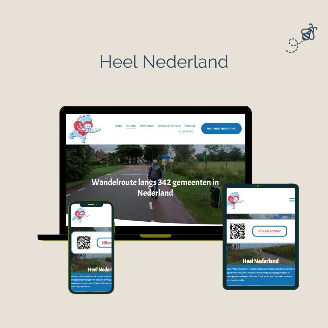 Een digitale presentatie van de website Heel Nederland, met een laptop en twee smartphones, toont wandelroutes langs 342 gemeenten in Nederland, met een logo van een hardloopfiguur en een QR-code.