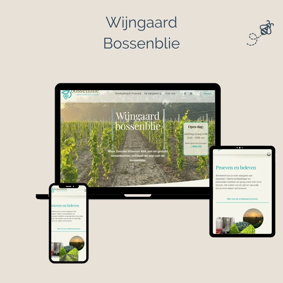 Screenshot van een website voor Wijngaard Bossenblie met een veld van druivenstokken en informatie over wijntours, weergegeven op een laptop, tablet en smartphone.