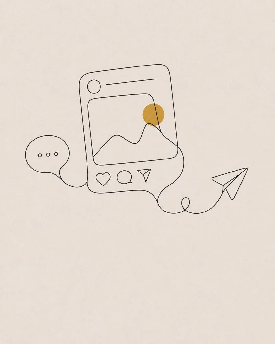 Minimalistische lijntekening van een smartphone met een grafiek en een locatie marker, omgeven door een chatbubbles, een hart icoon, een commentaar icoon, en een papieren vliegtuigje.
