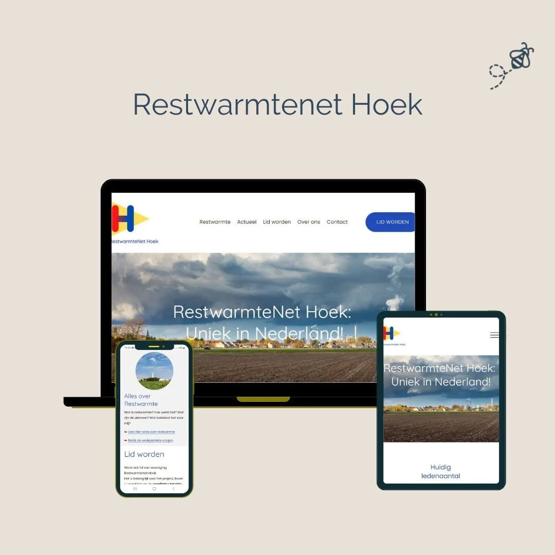 Een visuele weergave van de website RestwarmteNet Hoek op verschillende apparaten, waaronder een laptop, smartphone en tablet, met een landschap en lucht op de achtergrond.
