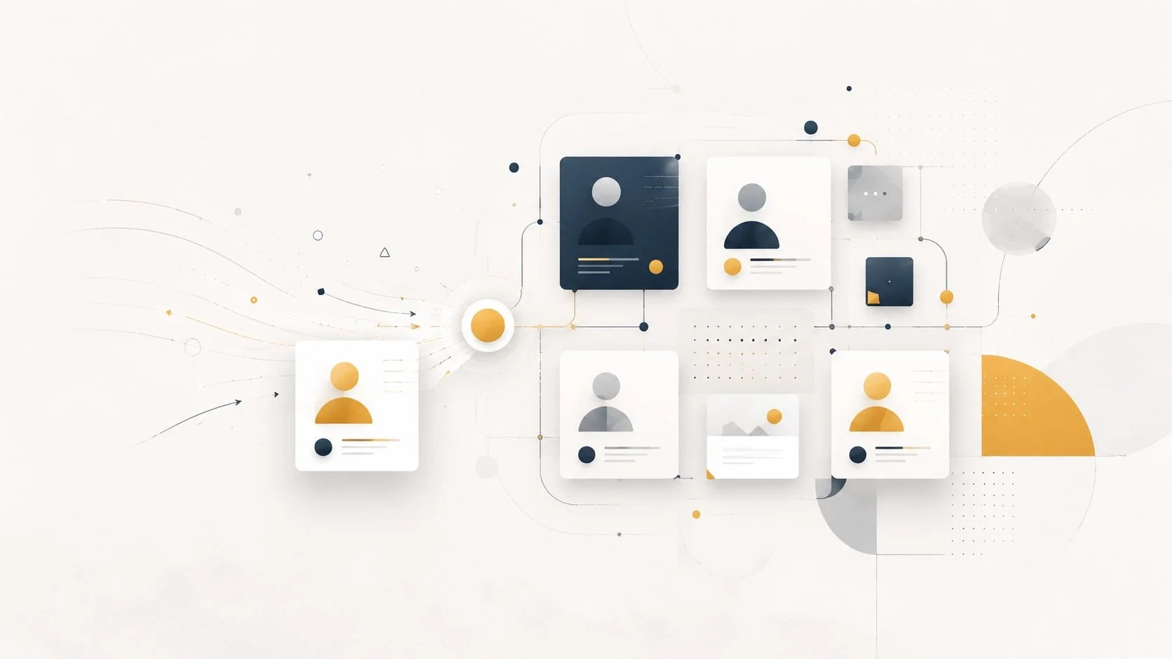 Een digitale illustratie van verschillende kleurrijke gebruikersprofielen en documenten met lijnen en grafische symbolen op een lichte achtergrond. Social media hulp voor bedrijven en organisaties in Zeeland
