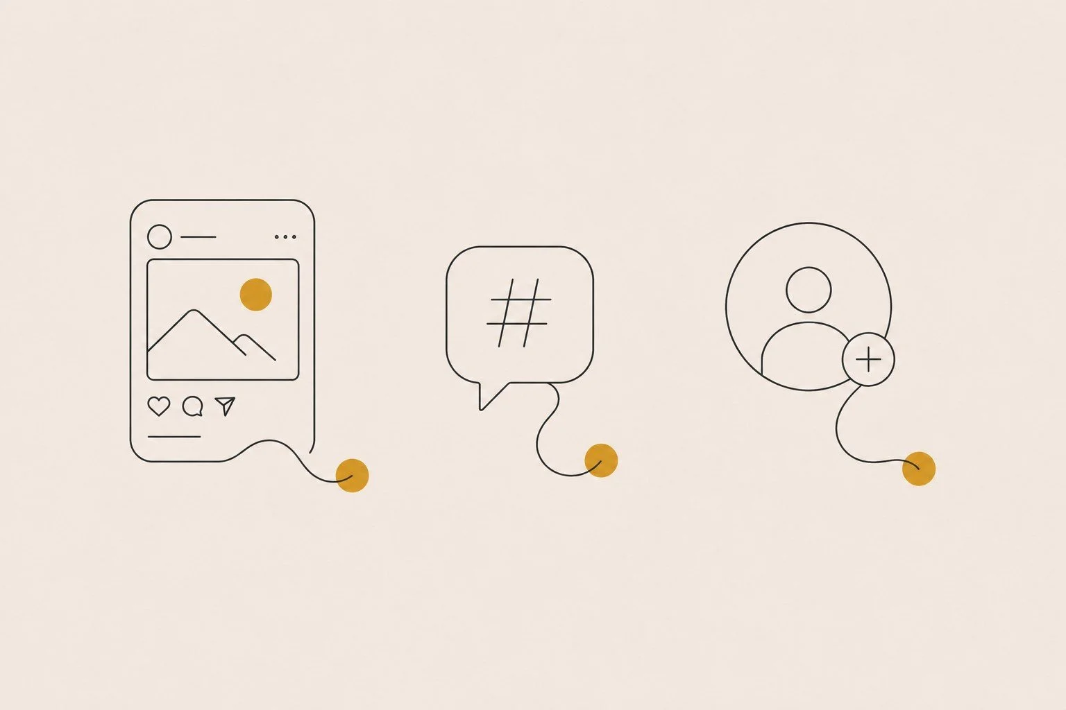 Illustratie van sociale media iconen: een smartphone met een foto, een hashtag-tekstballon, en een profielgebruiker met een plus-teken, verbonden door lijnen met goudkleurige stippen. Reviews van Wepzz