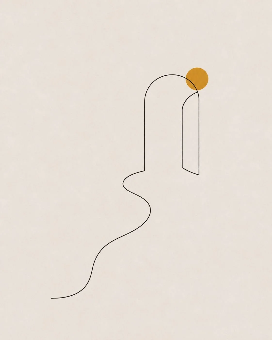Minimalistische lijntekening van een deur met een gouden cirkel erboven, tegen een lichte achtergrond.