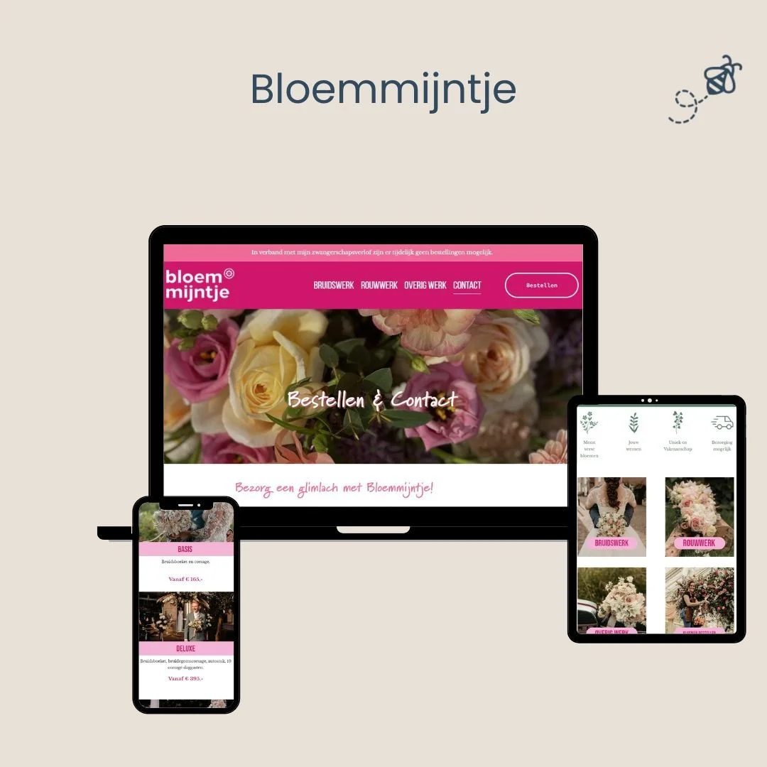 Een afbeelding van een website met de naam 'Bloemmijntje' over bloemstukken en bloemen, weergegeven op een computer en mobiele apparaten.