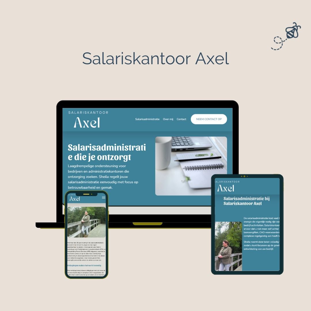 Een website voor salarisadministratie van Salariskantoor Axel, weergegeven op een computer, tablet en smartphone, met een overzicht van informatie en een foto van een persoon.