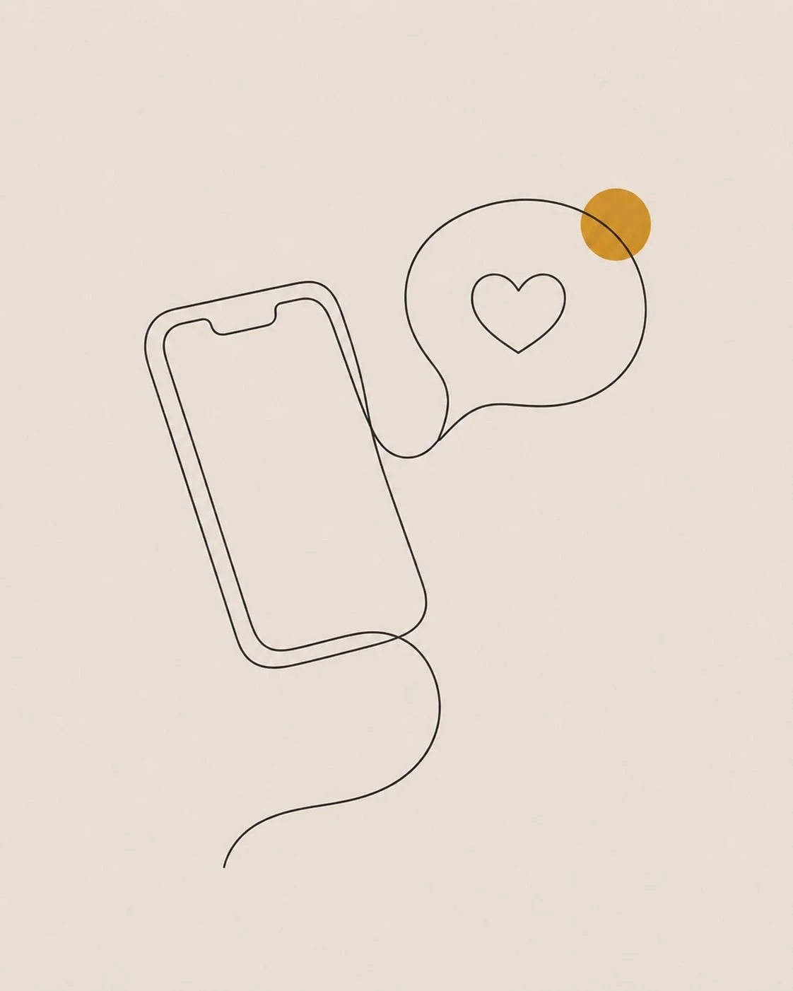 Een eenvoudige lijntekening van een smartphone met een berichtballon die een hart bevat, met een gele stip boven de ballon.