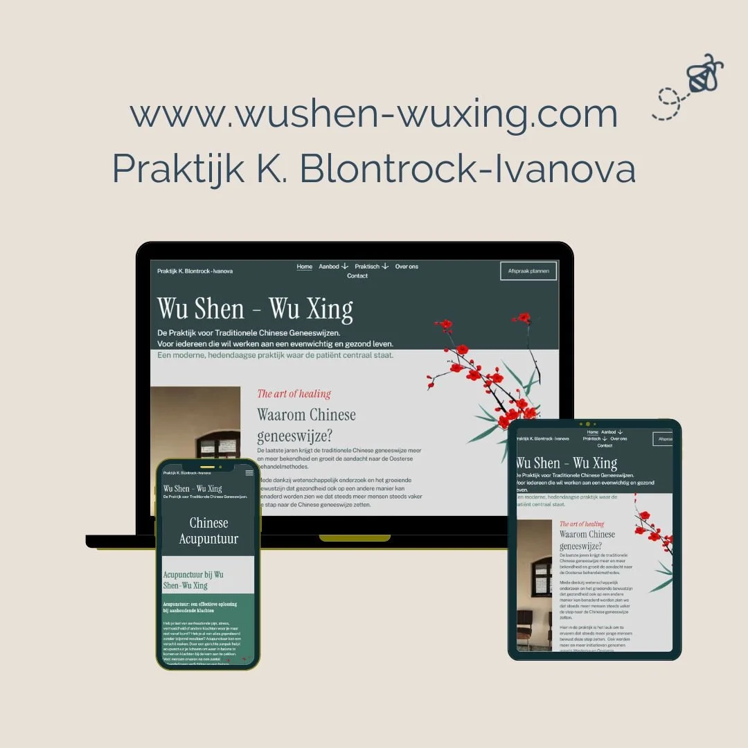 Screenshot van de website van Praktijk K. Blontrock-Ivanova, weergegeven op een desktop, tablet en smartphone, met de titel 'Wu Shen - Wu Xing' en een afbeelding van bloemen.