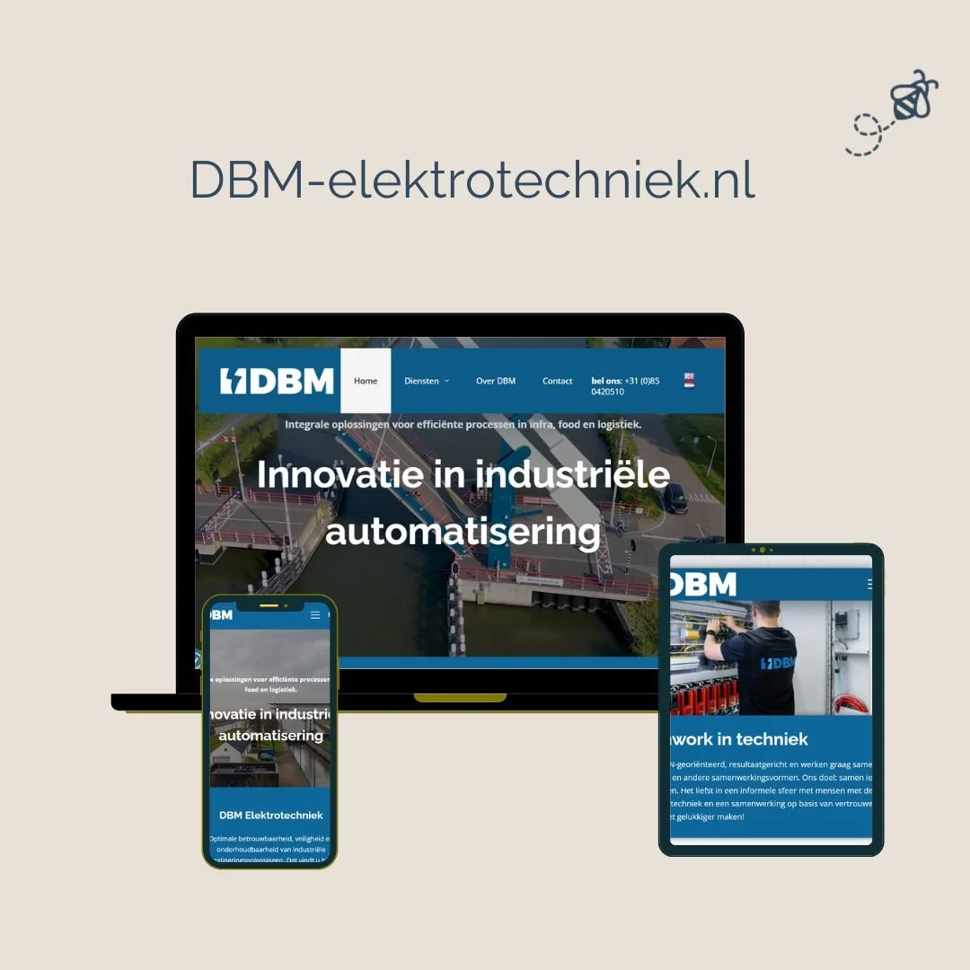 Website van DBM Elektrotechniek getoond op laptop, tablet, en smartphone, met technische apparatuur en industriële automatisering op de schermen.
