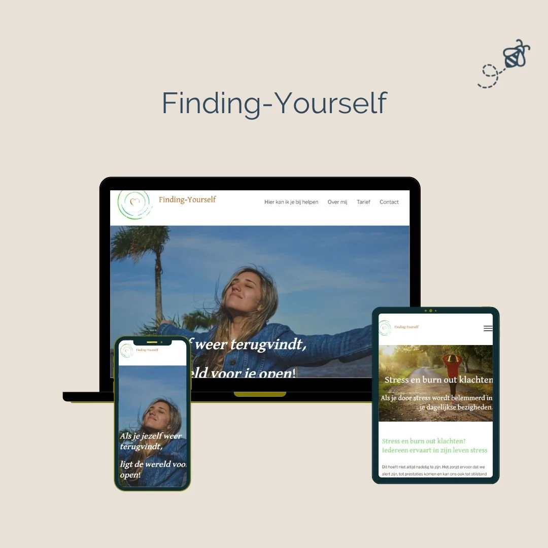Screenshot van een website en mobiele weergaven op verschillende apparaten, met de titel 'Finding-Yourself' en afbeeldingen die ontspanning en stressmanagement suggereren.