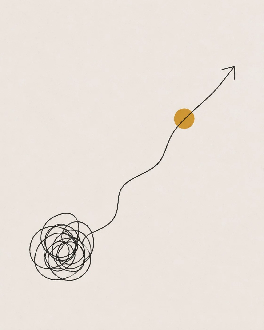 Een schets met een aandiagram dat een verbale groei voorstelt, met een kluwen aan de onderkant en een stijgende lijn die eindigt in een pijl omhoog, en een grote oranje stip in het midden. Groei op het gebied van zichtbaarheid.
