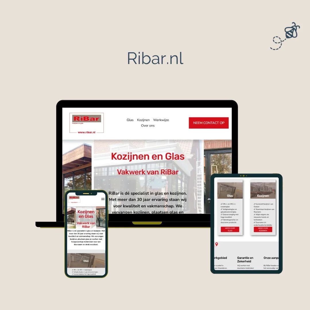 Screenshot van de website Ribar.nl op verschillende apparaten, inclusief een laptop, smartphone en tablet, die gespecialiseerd is in glas en kozijnen met informatie over diensten en contactmogelijkheden.