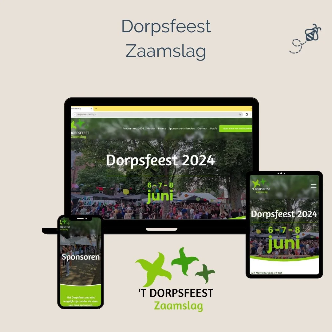 Website promotie voor het dorpsfeest Zaamslag in juni 2024, getoond op computer, tablet en smartphone, met vrolijke groene en zwarte ontwerpdetails en een foto van een feesttent met mensen.