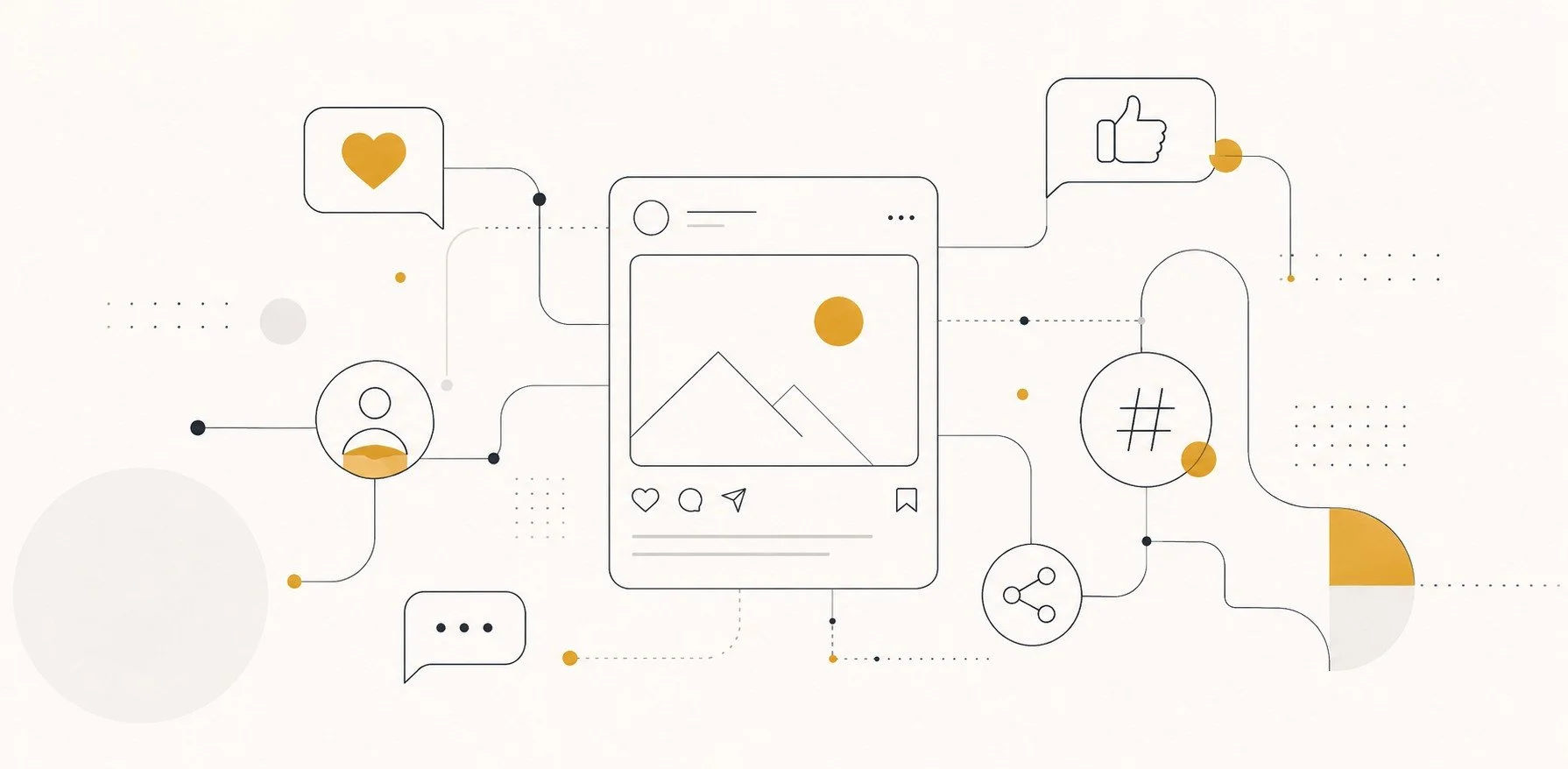 Slim diagram van een smartphone met sociale mediapictogrammen en decoratieve elemente, zoals een hart, spraakwolken, een persoon, een hashtag en een deel van een grafiek.