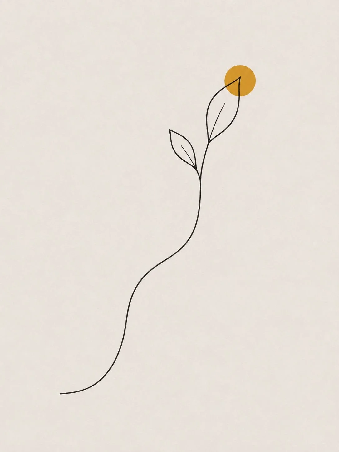 Eenvoudige lijntekening van een plant met twee bladeren en een gele cirkel als bloem of cirkel aan de top.
