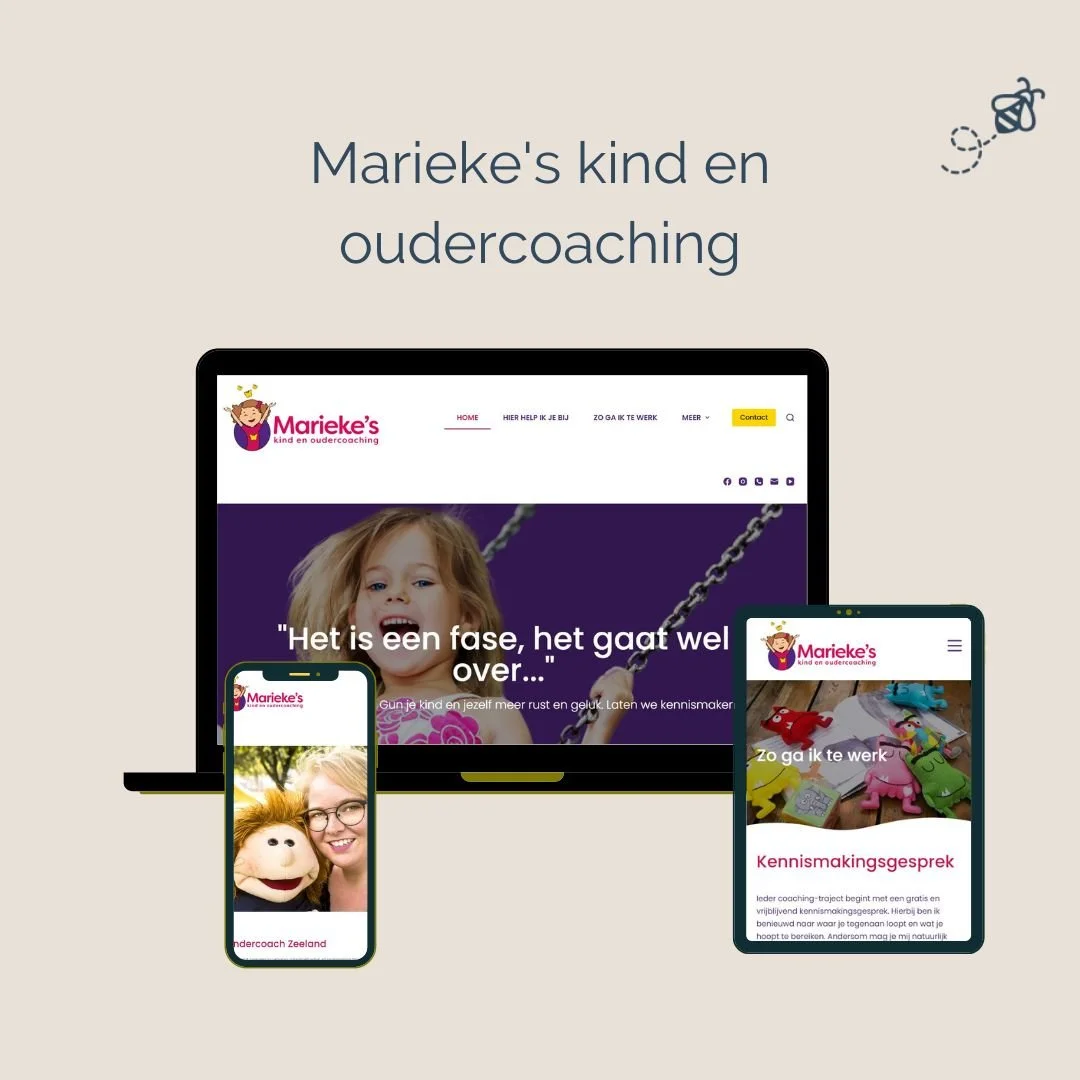 Een website nieting voor kinder- en oudercoaching, weergegeven op verschillende schermen zoals een laptop, smartphone en tablet, met teksten en afbeeldingen van een kind en coaching gerelateerde onderwerpen.