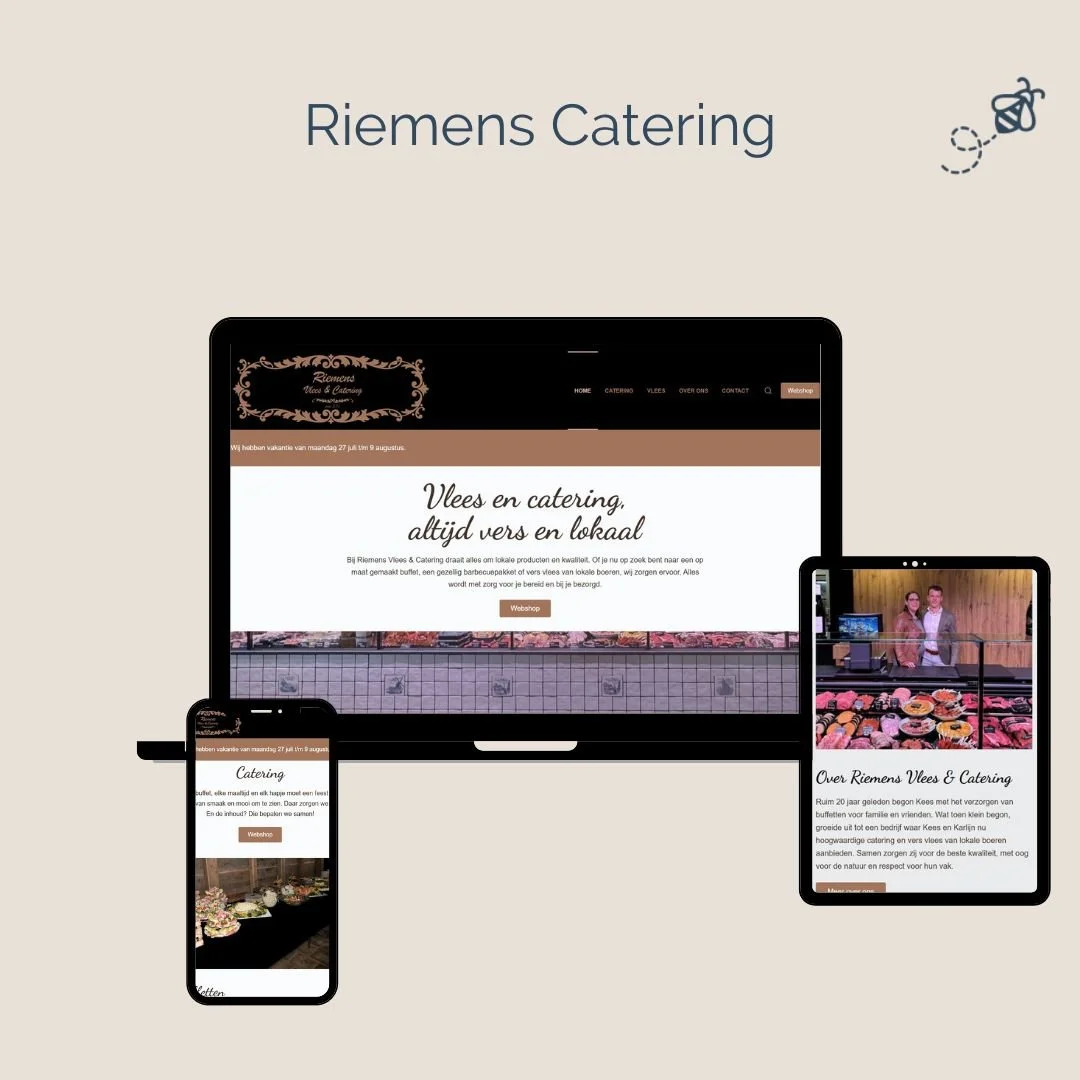 Screenshot van de website 'Riemens Catering' weergegeven op verschillende apparaten, waaronder een laptop, tablet en smartphone, met informatie over vlees, catering en een webshop.