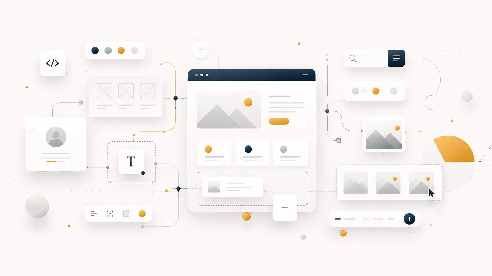 Een digitale schematische tekening van een website-ontwerp met verschillende sjablonen, pictogrammen en wireframes. Website laten maken in Zeeuws vlaanderen. Wepzz is jouw partner