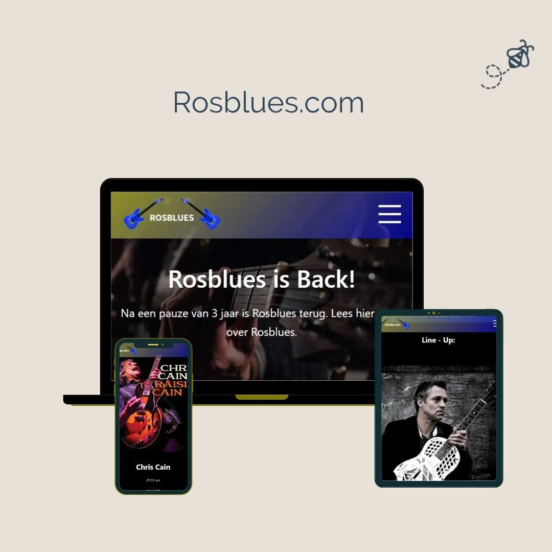 Grafisch ontwerp van een website en mobiele telefoons voor Rosblues, met gitaristen en muziekelementen.