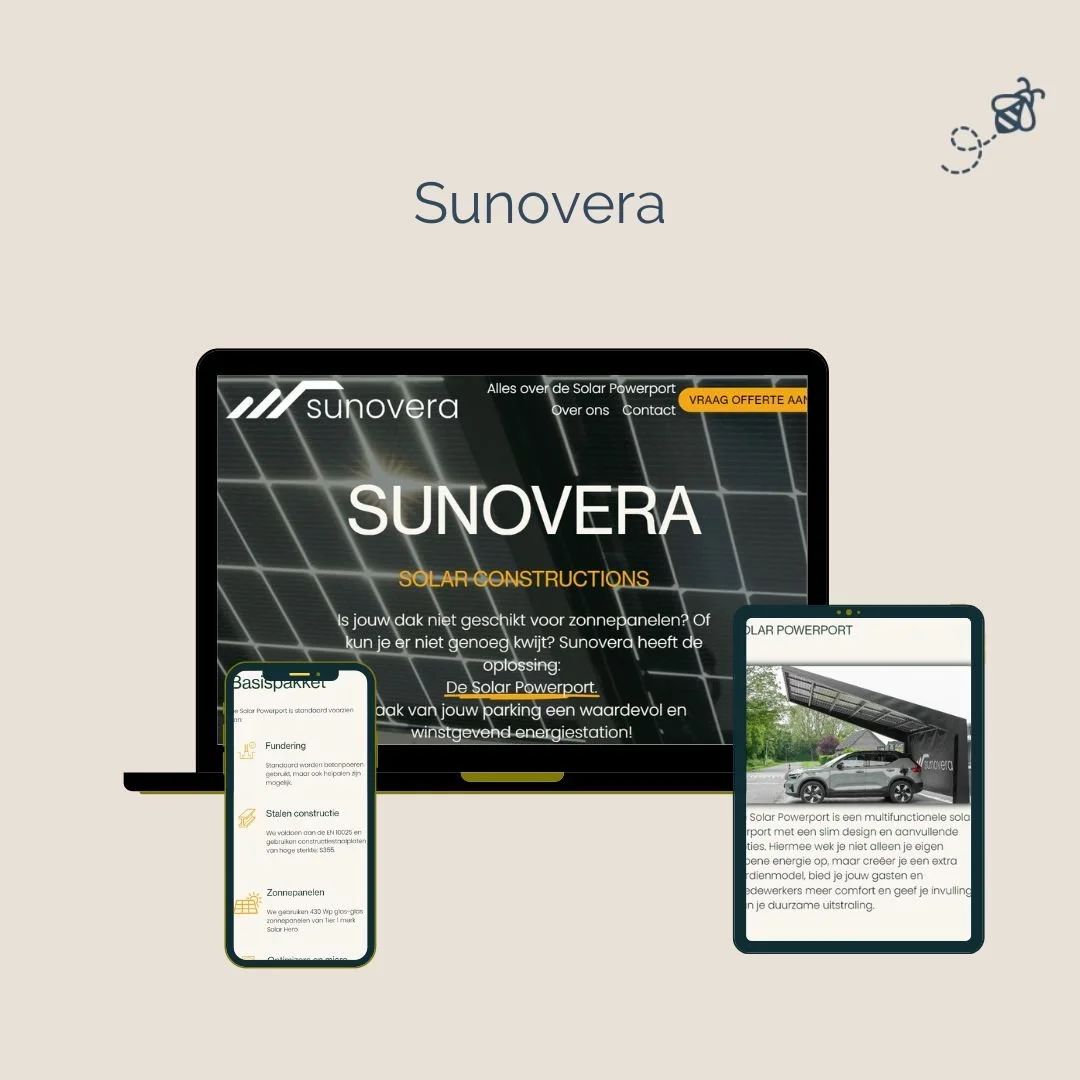 Een website die zonnepaneelconstructies biedt, afgebeeld op een computer- en mobiele schermen, met de titel 'Sunovera' en de slogan 'Solar Constructions'.
