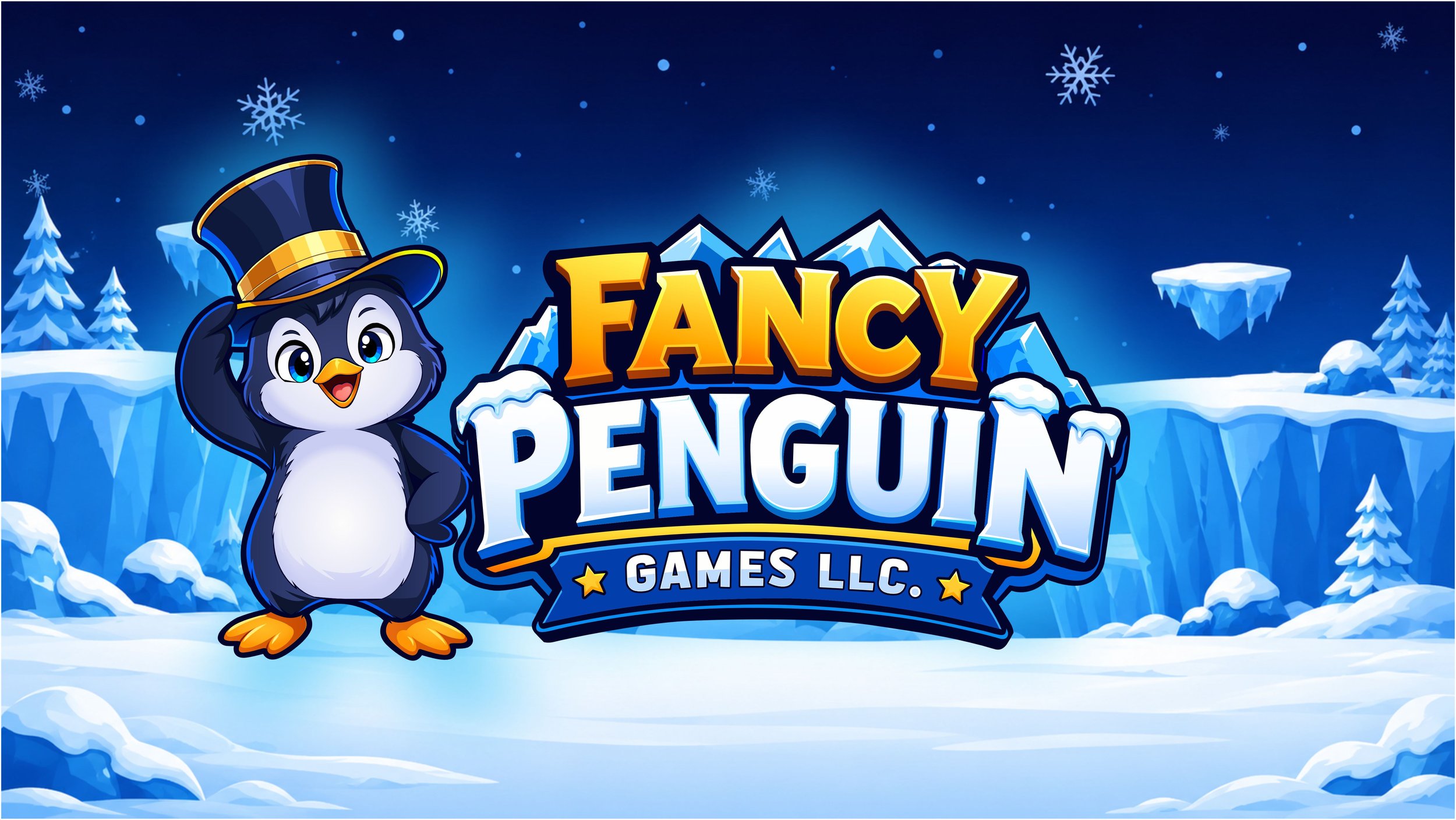 Logo for Fancy Penguin Games LLC featuring a cartoon penguin with a top hat on a snowy winter landscape with snow-covered trees and mountains.