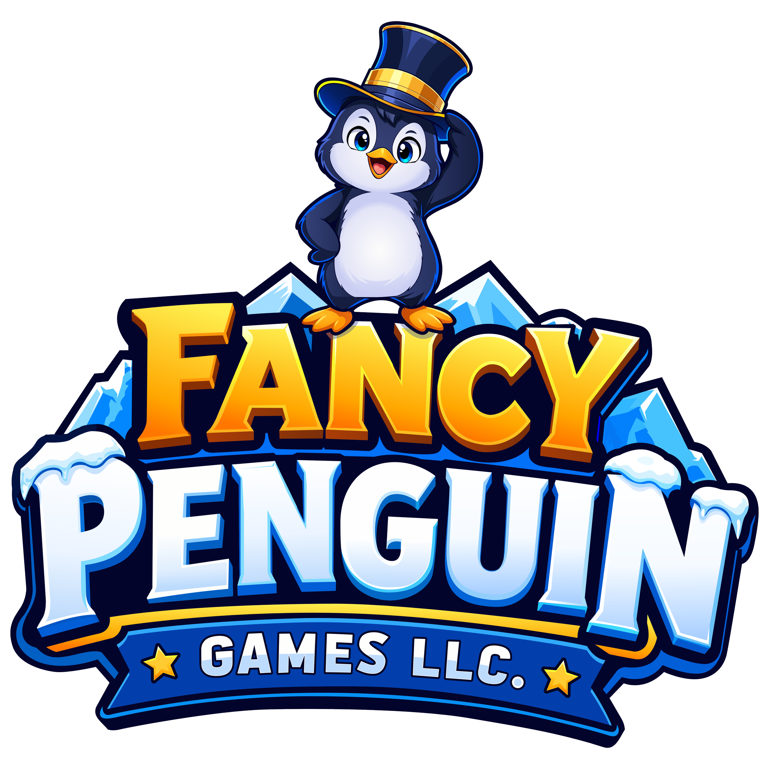 Logo of Fancy Penguin Games LLC, featuring a cartoon penguin wearing a top hat, standing on icy mountains, with the words 'Fancy Penguin Games LLC' in bold, colorful letters.