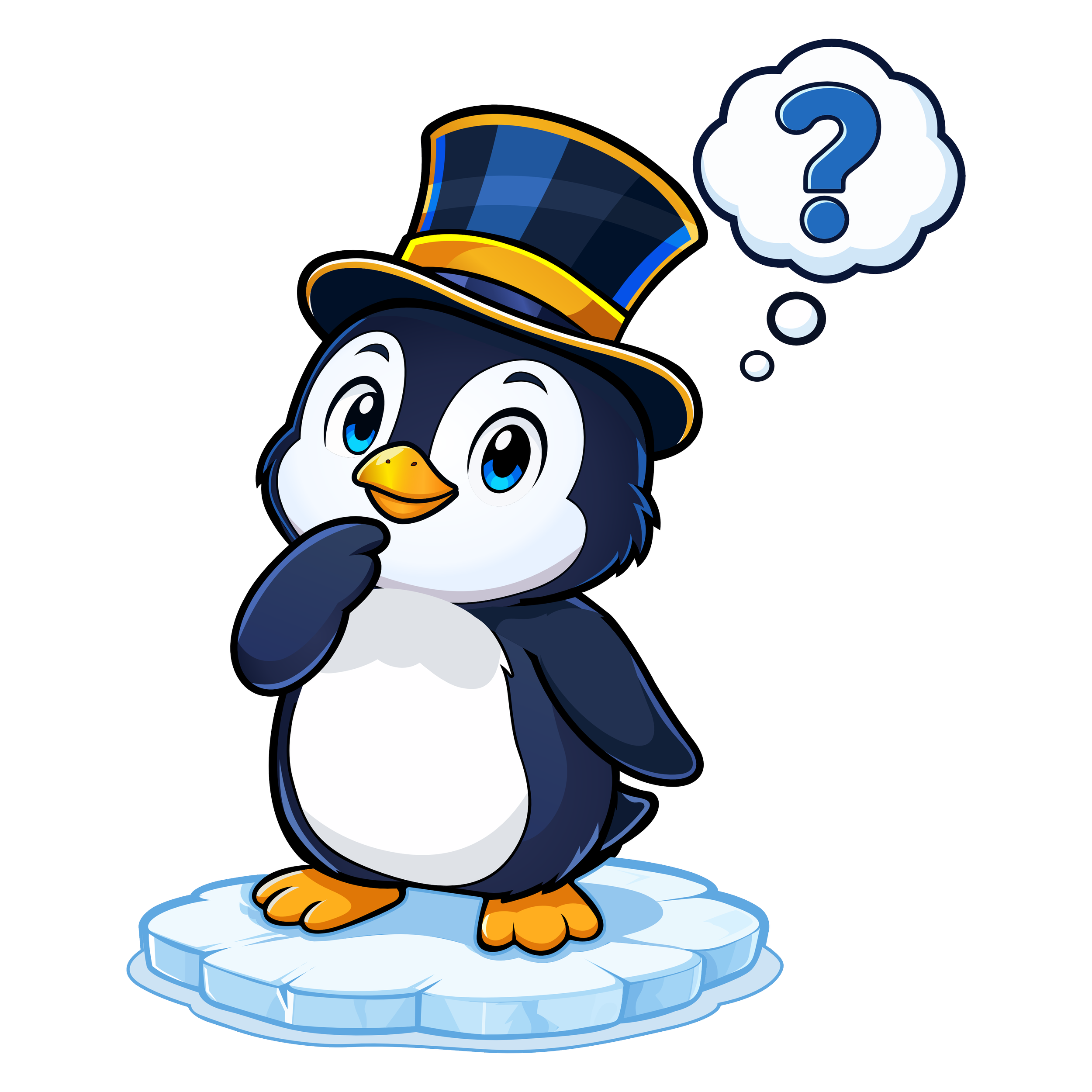 Cartoon penguin wearing a blue top hat with a yellow band, standing on an icy surface with a thought bubble containing a question mark above its head.