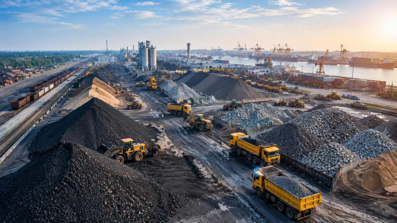 A large industrial construction site near a body of water with numerous dirt piles, construction vehicles, and cranes in the background.