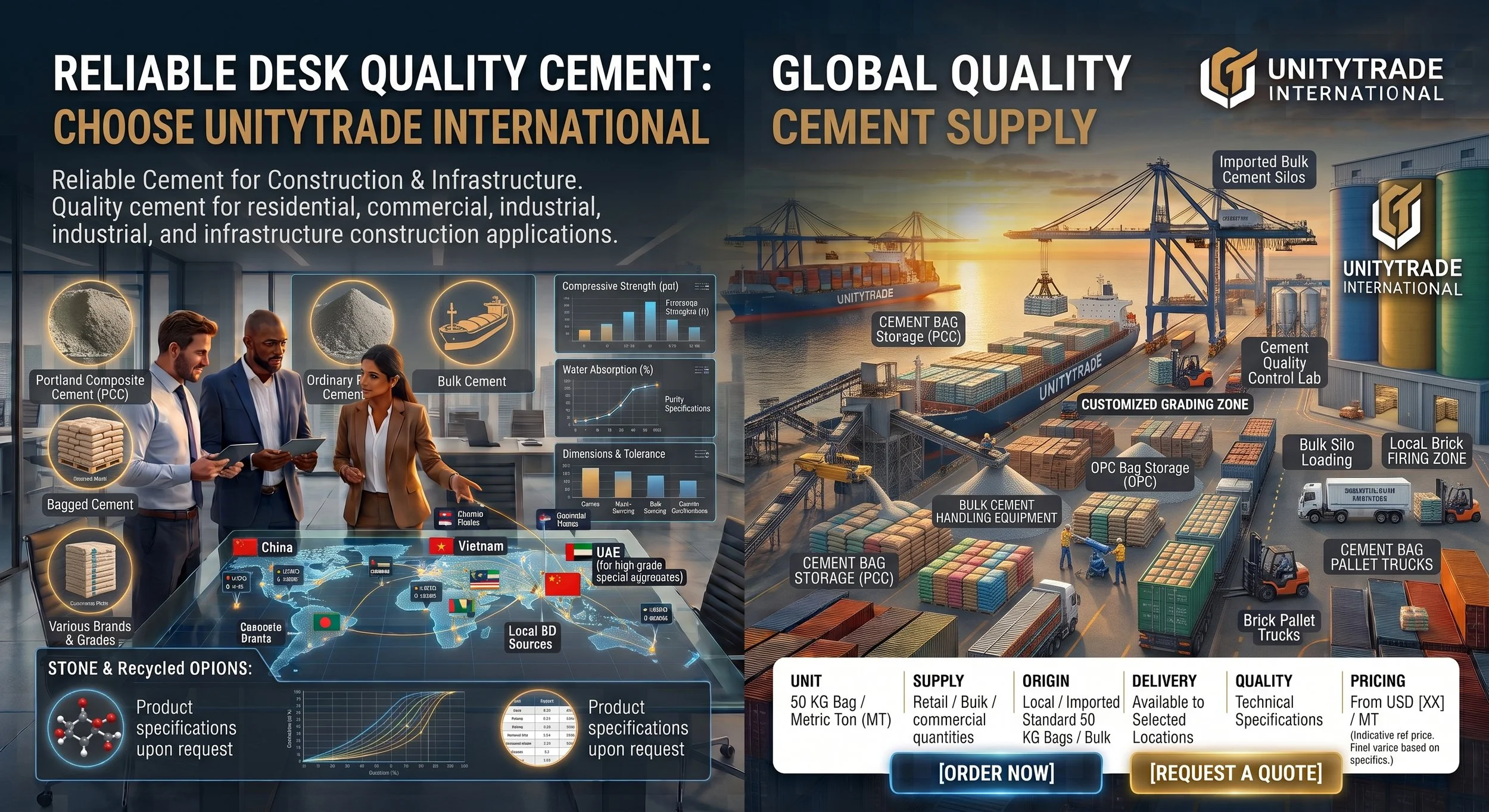 An infographic promoting UnityTrade International cement supply. It features a cargo port with cranes loading cement containers, and details about cement types, quality testing labs, storage, and transportation options. A group of professionals is discussing cement quality and global sourcing, with maps showing cement origins from China, Vietnam, UAE, and other countries.