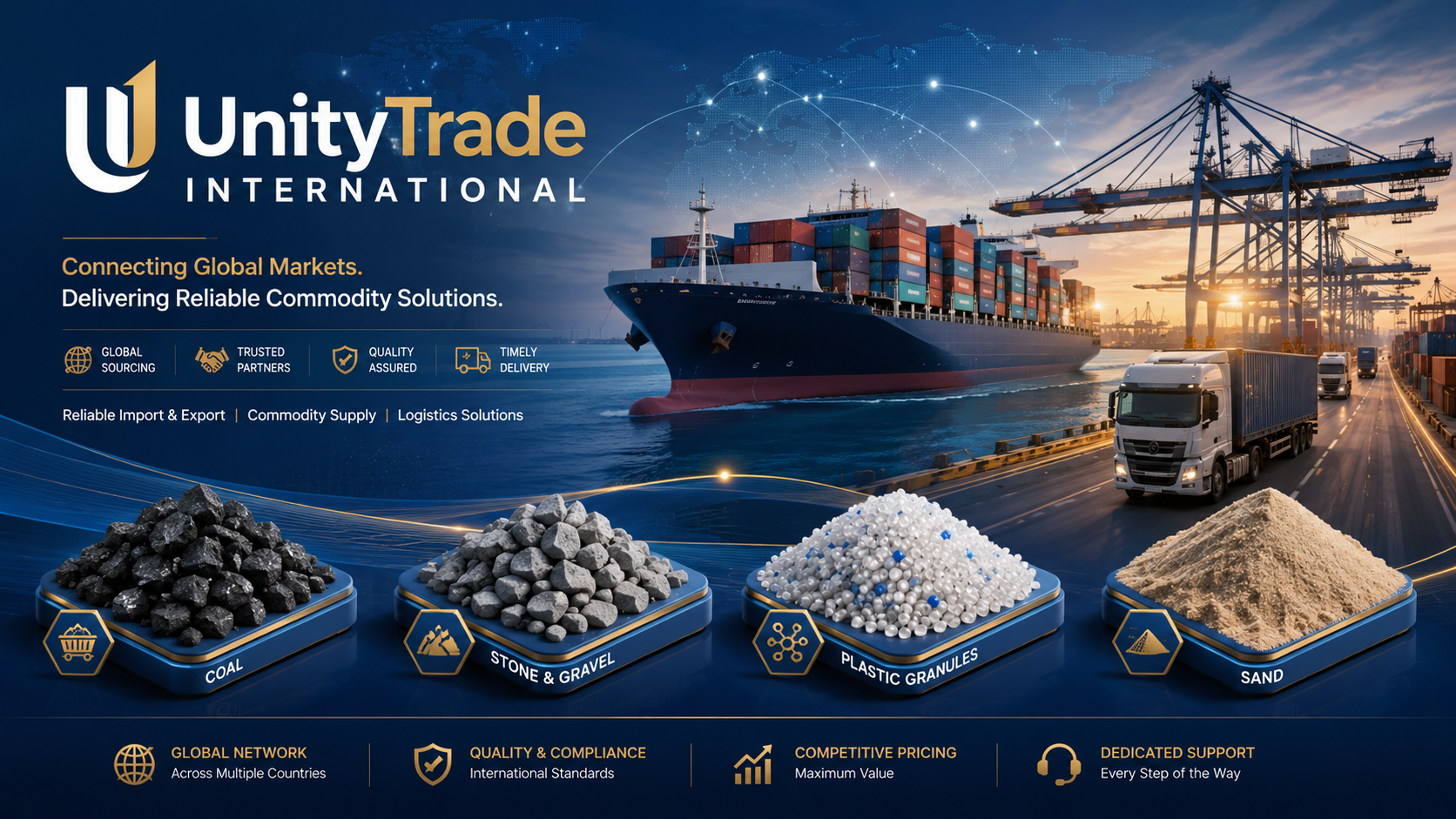 A shipping port scene with a cargo ship, trucks, and containers, overlaid with text promoting UnityTrade International's global commodity solutions, including coal, stone & gravel, plastic granules, and sand, and features icons for global sourcing, trusted partners, quality assurance, and timely delivery.