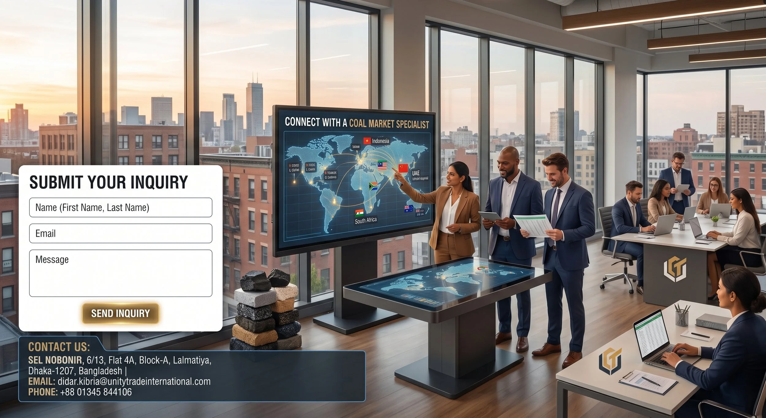 Business meeting in a modern office with large windows, showing a cityscape, people in formal attire discussing and presenting charts and maps related to coal market connectivity from countries like Indonesia, South Africa, and the UAE, with an overlay form for submitting inquiries.