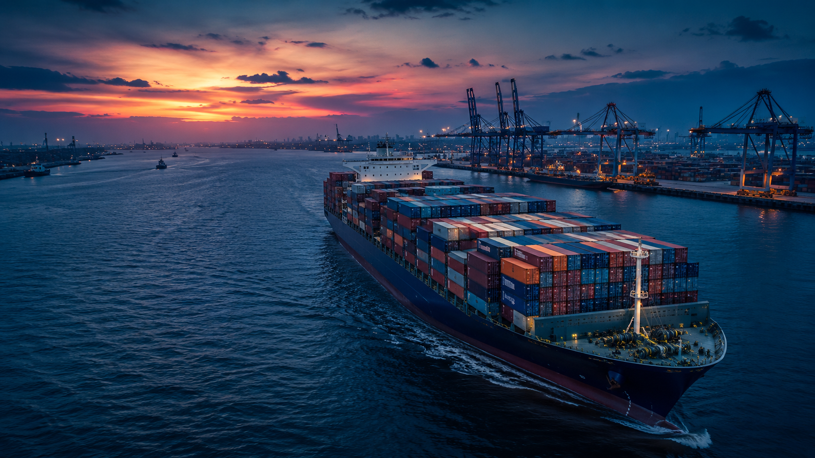 A large cargo ship with stacked shipping containers sailing through a harbor during sunset, with port cranes and a city skyline in the background.