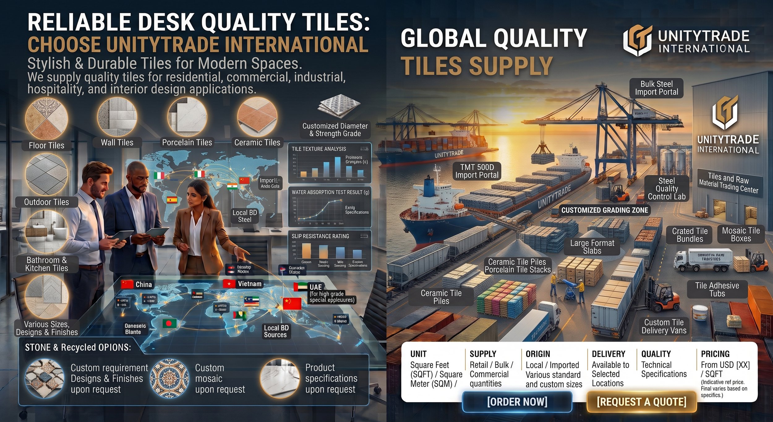 Infographic about reliable desk quality tiles from UnityTrade International, featuring tile options like floor, wall, porcelain, ceramic, outdoor, and specialized tiles, with information about global supply, import sources, testing, and delivery methods, and a section showing international sourcing of tile materials.