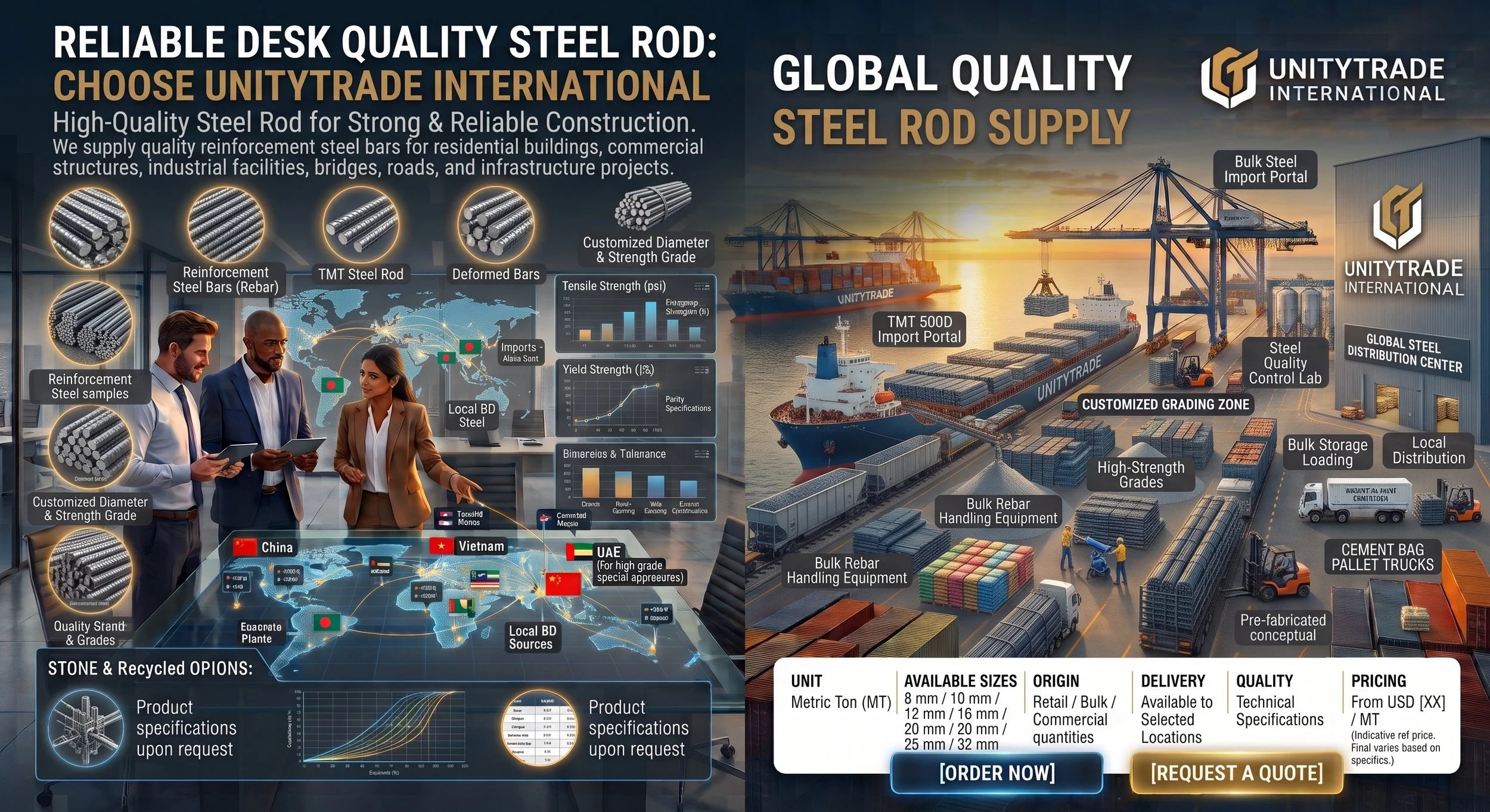 An infographic comparing high-quality steel rods for construction, highlighting the benefits of choosing Unitytrade International, including global steel supply, steel reinforcement options, customized grading zones, and logistics details, with images of ships, cranes, trucks, and professionals discussing steel specifications.