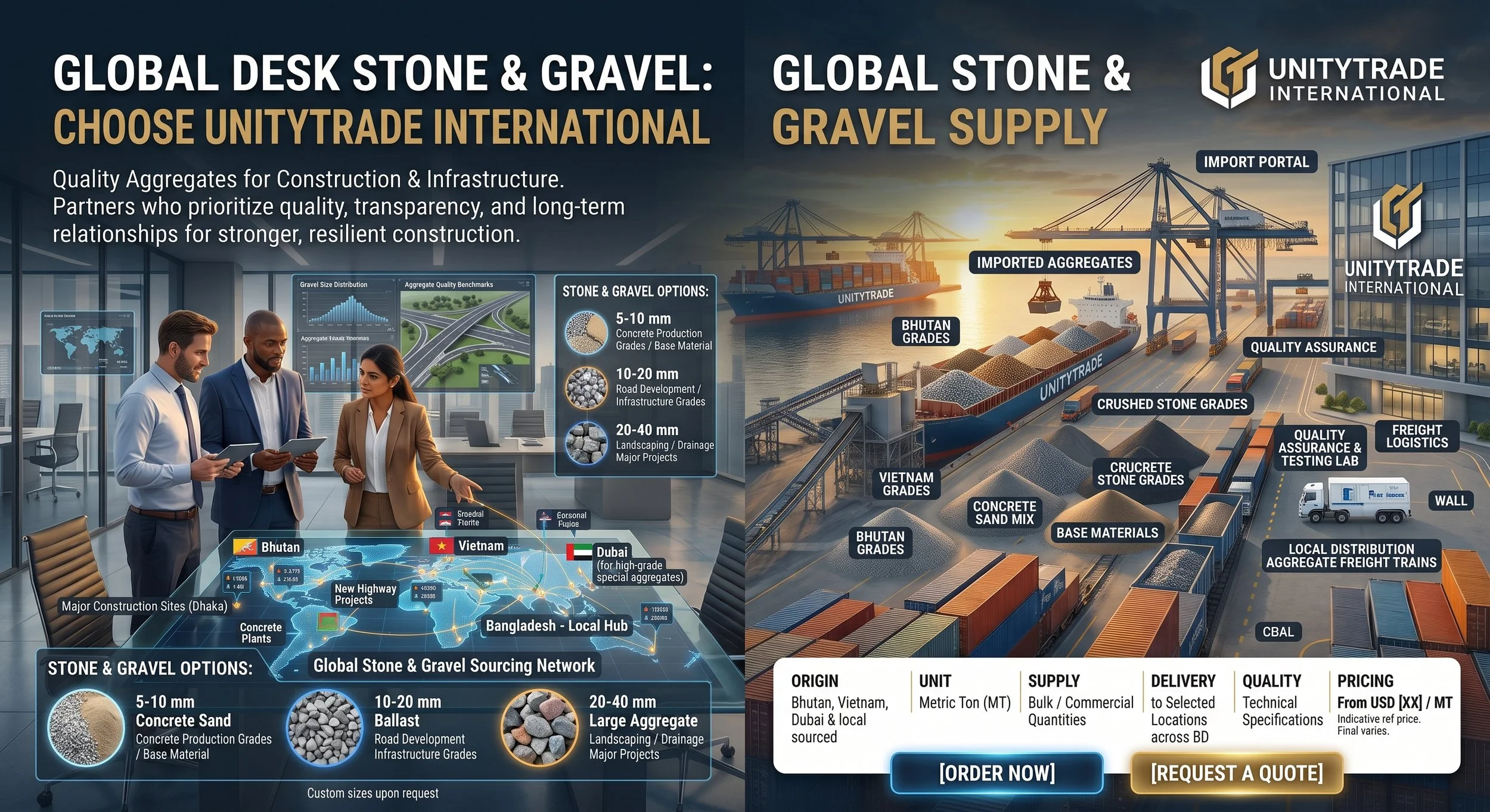 Infographic about global stone and gravel supply by UNTYTRADE INTERNATIONAL, showing container ships, ports, and various grades and options of stone and gravel on a dock, with charts, maps, and business professionals analyzing data in an office.