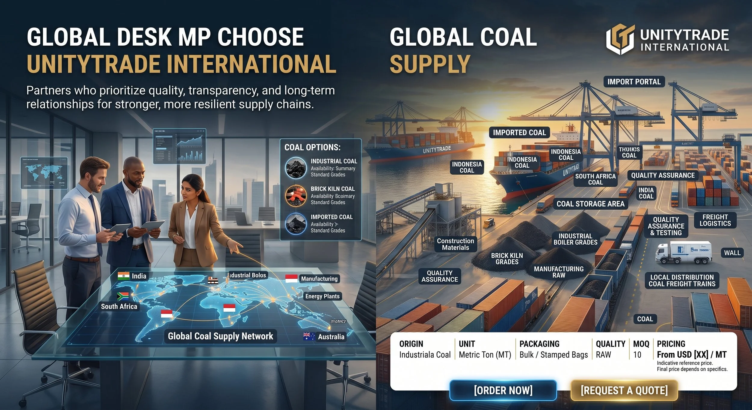 A graphic comparing global coal supply with a map highlighting coal-producing countries, including India, South Africa, and Australia. The image features a team of three professionals discussing data in a modern office setting, with screens displaying charts and graphs.