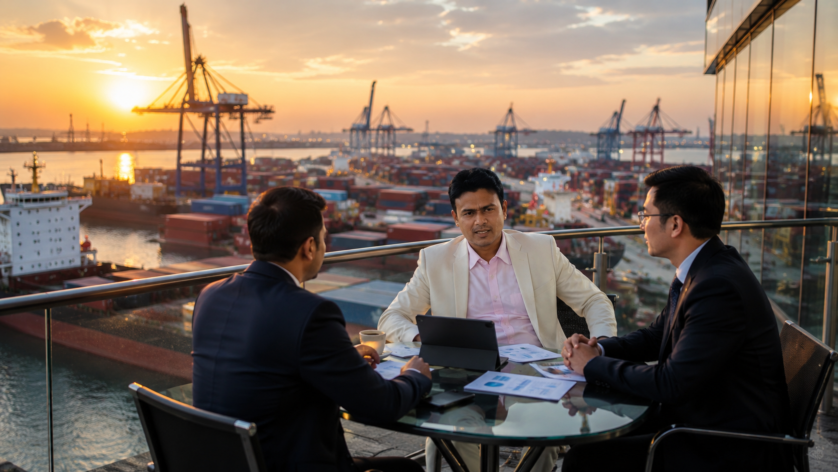 Three businessmen in suits engaged in a discussion on an outdoor rooftop balcony overlooking a busy port with cranes and ships at sunset.