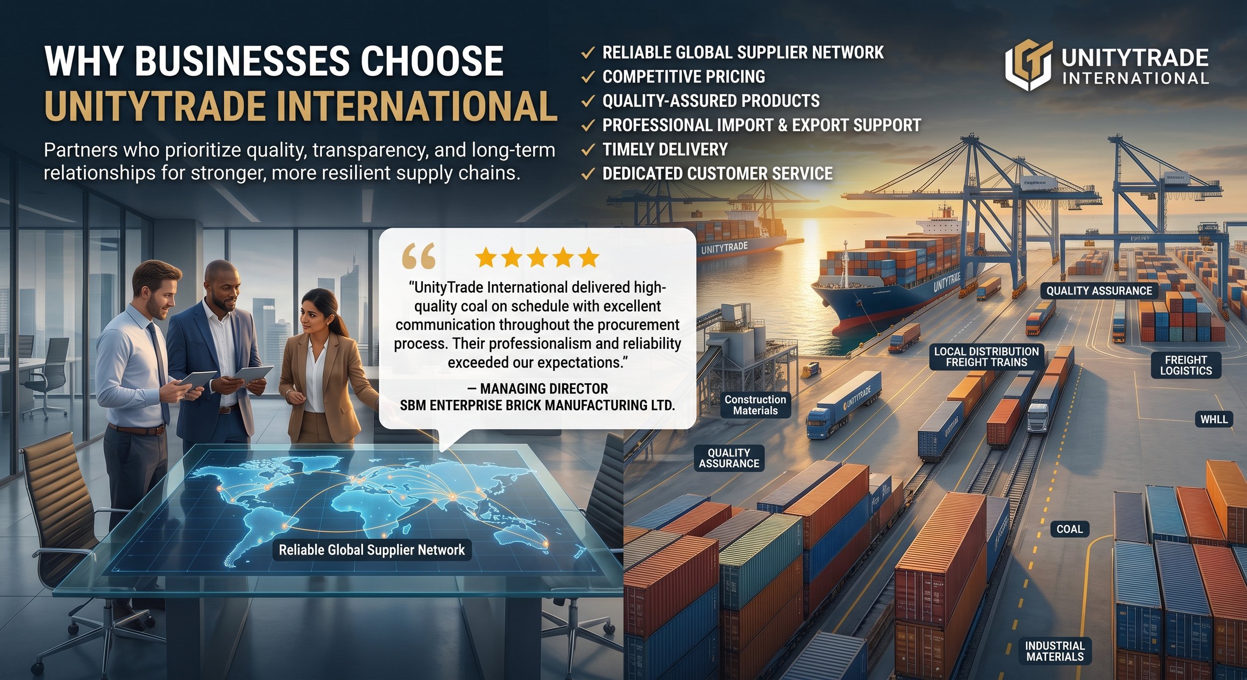 An infographic promoting UnityTrade International featuring a business conference scene with three professionals analyzing a digital world map, contrasted with a port scene showing cargo ships, cranes, and containers, emphasizing global supply chain logistics.