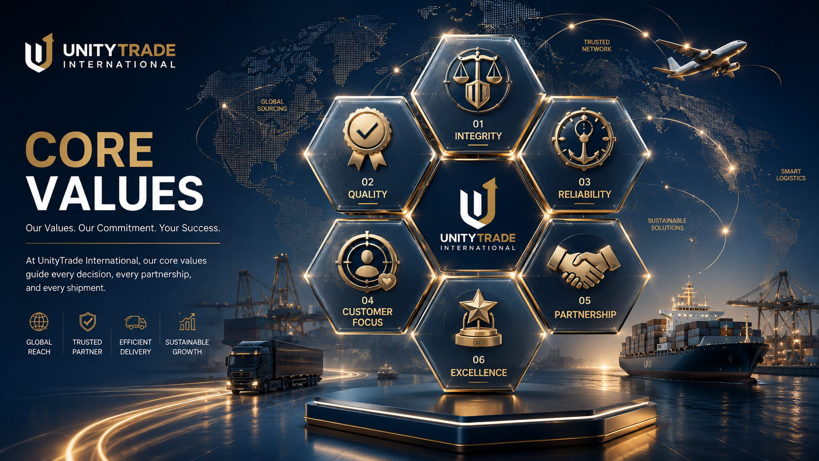 Infographic presenting the core values of UnityTrade International, including integrity, quality, reliability, customer focus, partnership, and excellence, with maritime and logistics imagery in the background.