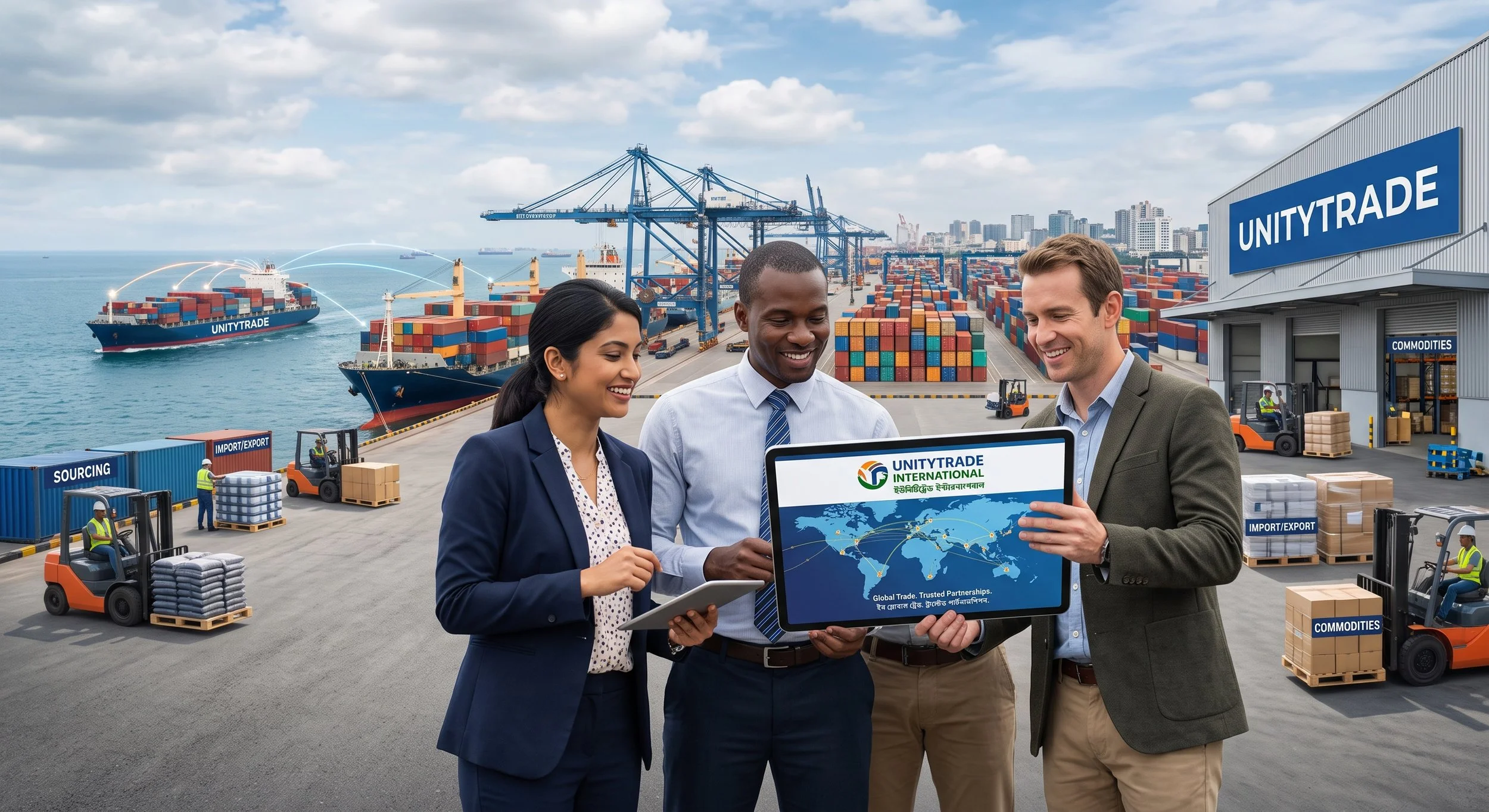 Three business professionals standing together at a busy port, looking at a tablet with the UnityTrade International logo, while cargo ships, containers, cranes, forklifts, and workers are visible in the background.