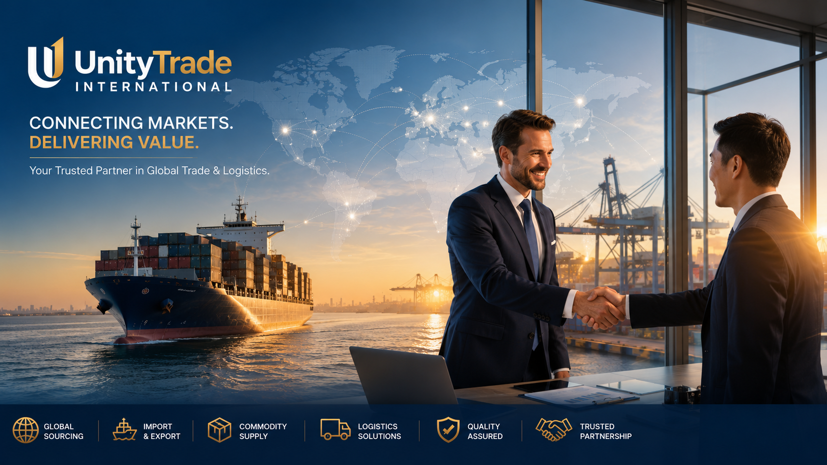 Two businessmen shaking hands in a shipping port with a container ship and port cranes in the background, overlaid with a world map and connectivity lines, promoting UnityTrade International's global trade and logistics services.