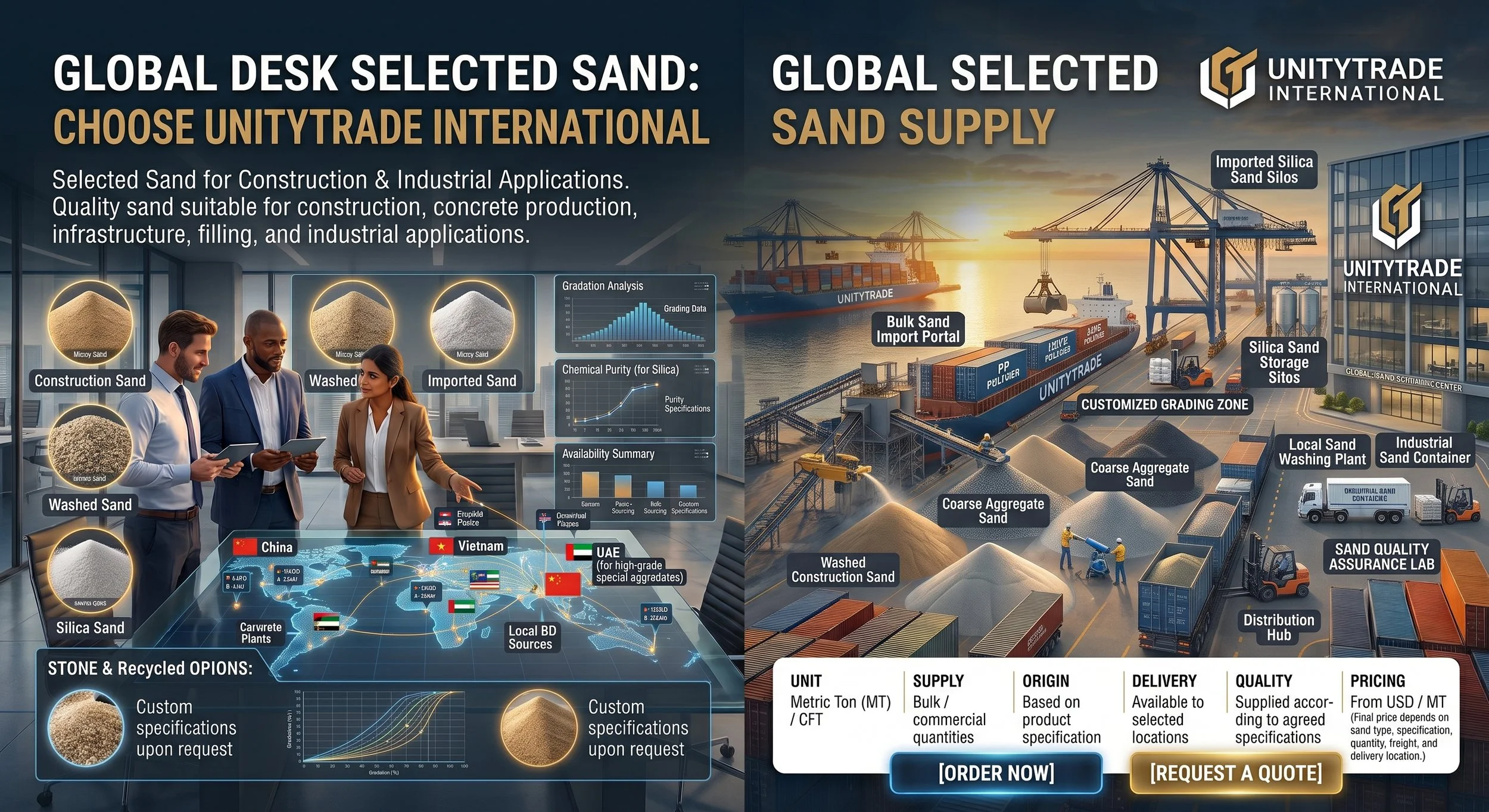 Infographic about global sand supply from UnityTrade International, showing sand types, sources, and distribution with ports, storage sites, and quality assurance facilities.