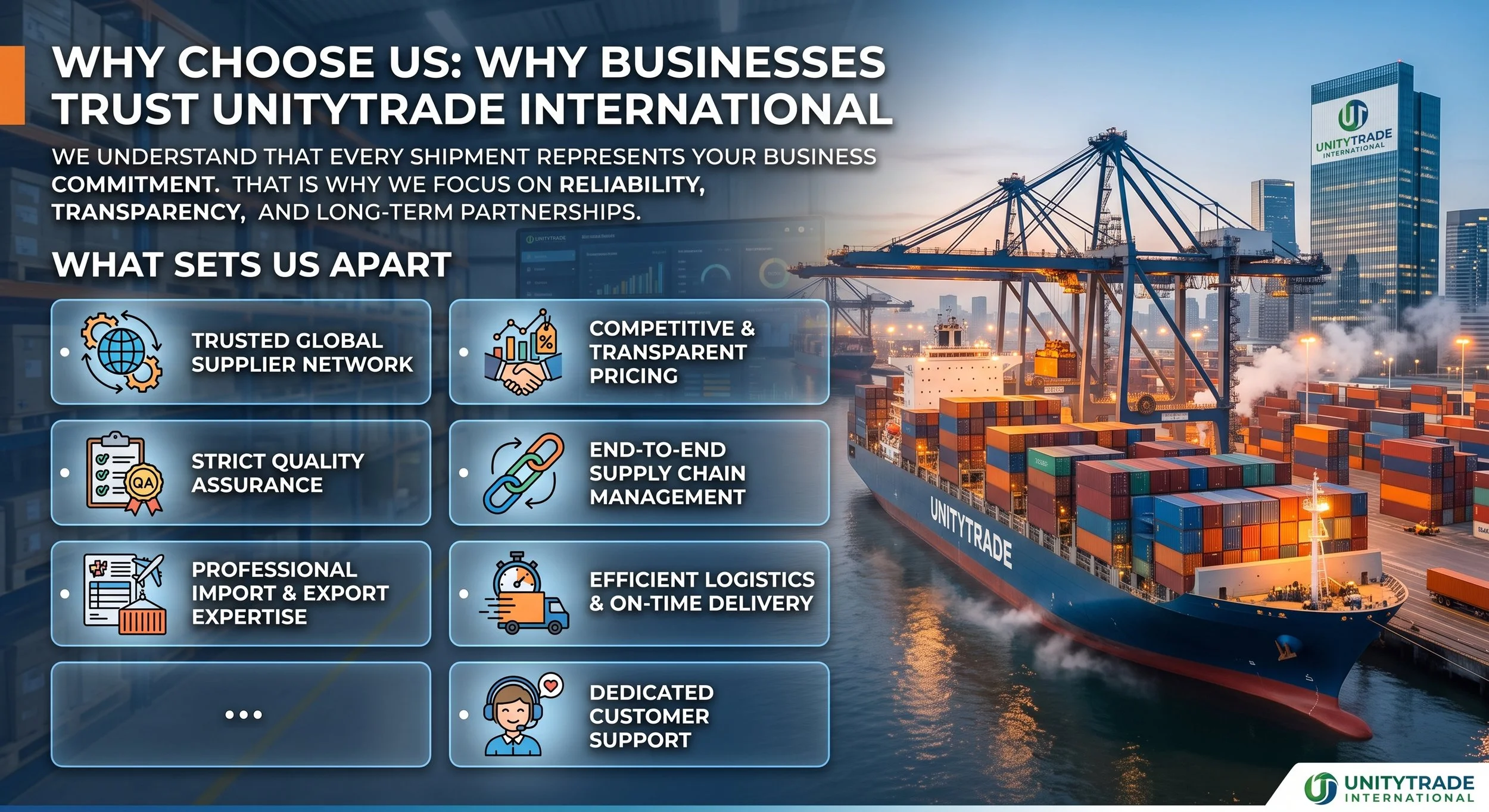 A shipping dock with a large cargo ship labeled UnityTrade International at sunset, with container cranes and high-rise buildings in the background. Overlaid text highlights reasons to choose UnityTrade International for logistics and supply chain services.