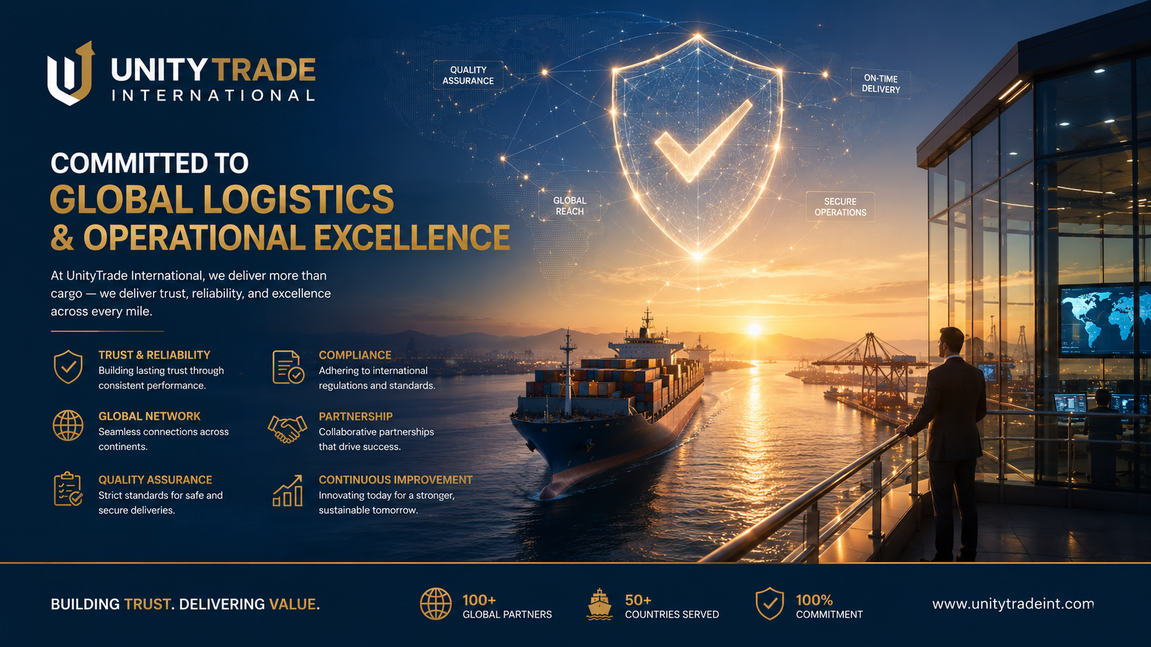 Promotional graphic for UnityTrade International featuring a cargo ship at sunrise, with digital security icons and text emphasizing trust, reliability, compliance, global network, partnership, quality assurance, and continuous improvement.