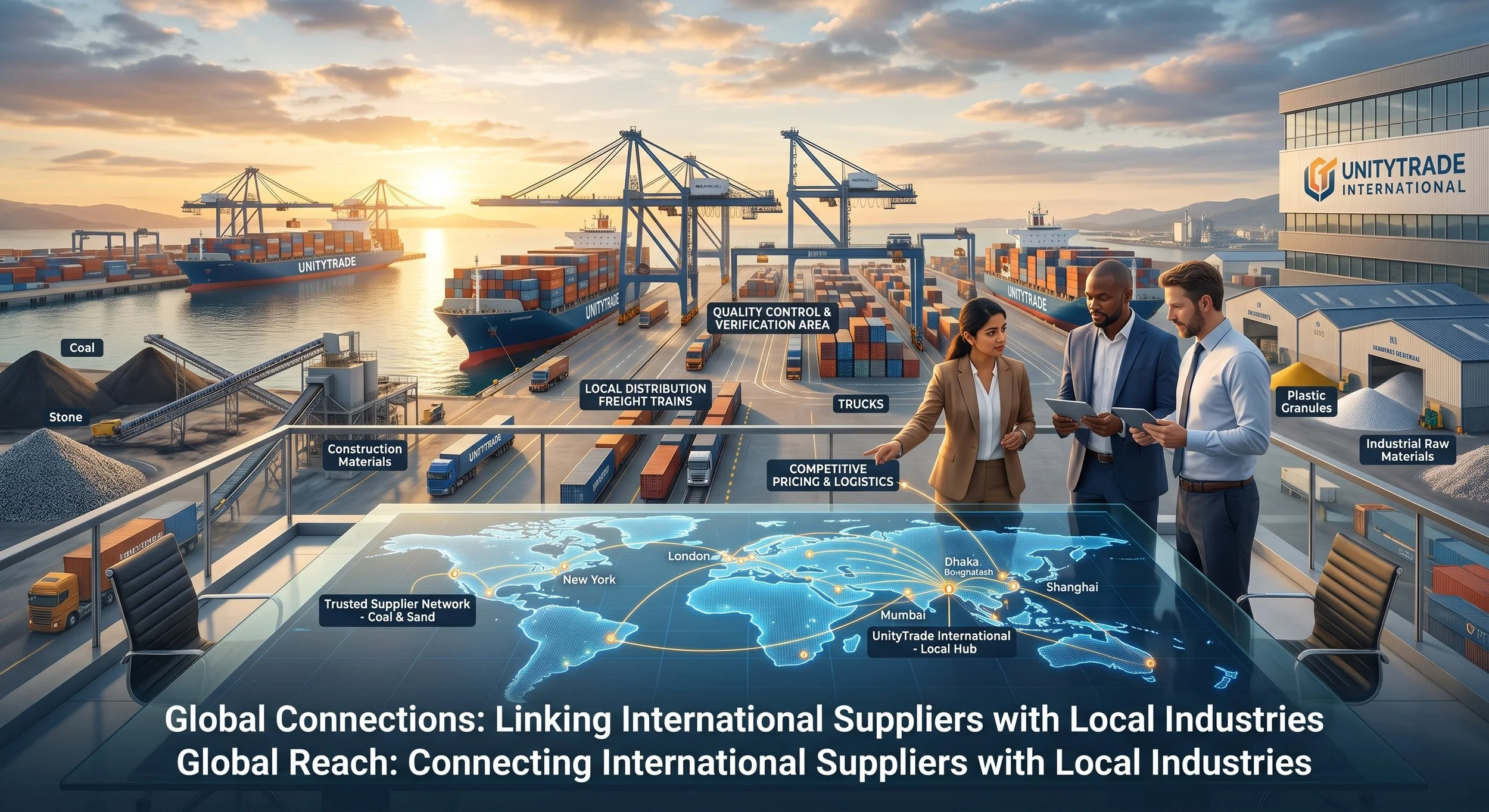 An illustration of a port with shipping containers, cargo ships branded 'UNITYTRADE,' cranes, trucks, and distribution trains. Three professionals look at digital displays showing global logistics information, maps, and data points, emphasizing global connections and supply chain networks.